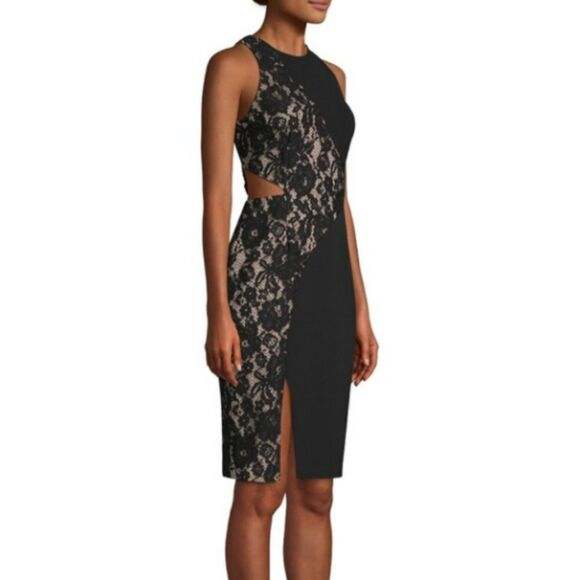 NWT Aidan Mattox Black Nude Crepe Lace Cutout Cocktail Dress Sz 14 - Picture 9 of 10